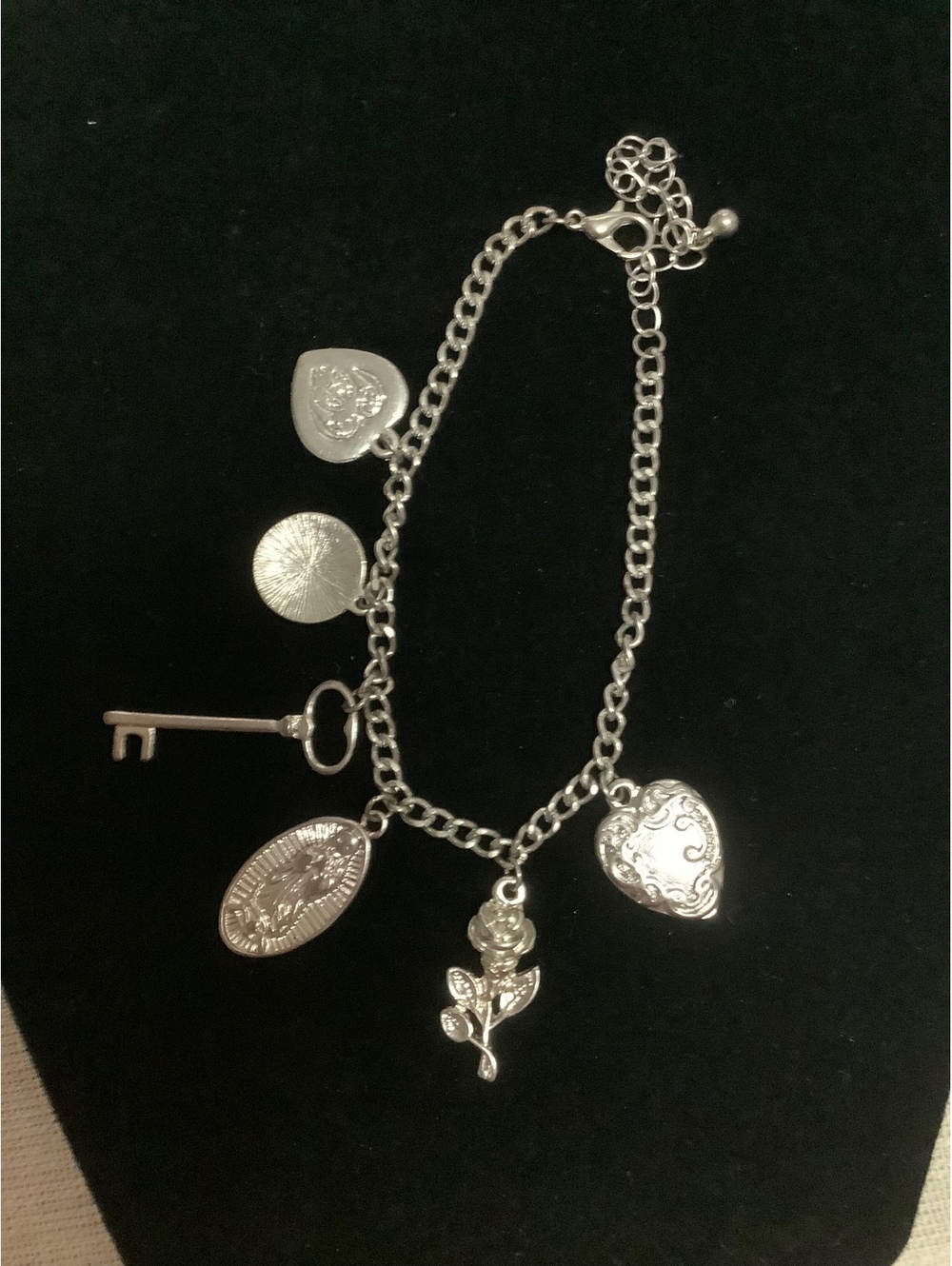 Silver Tone Charm Bracelet Virgin Mary Heart Key Rose Religious Romantic